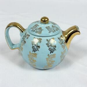 Vintage Hall MCM Blue & Gold Small Teapot Cottagecore
